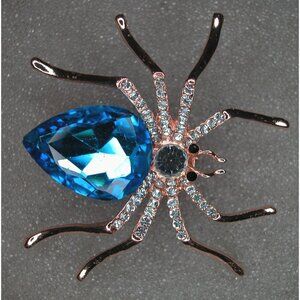 Crystal Blue Spider Brooch 2" x 2"